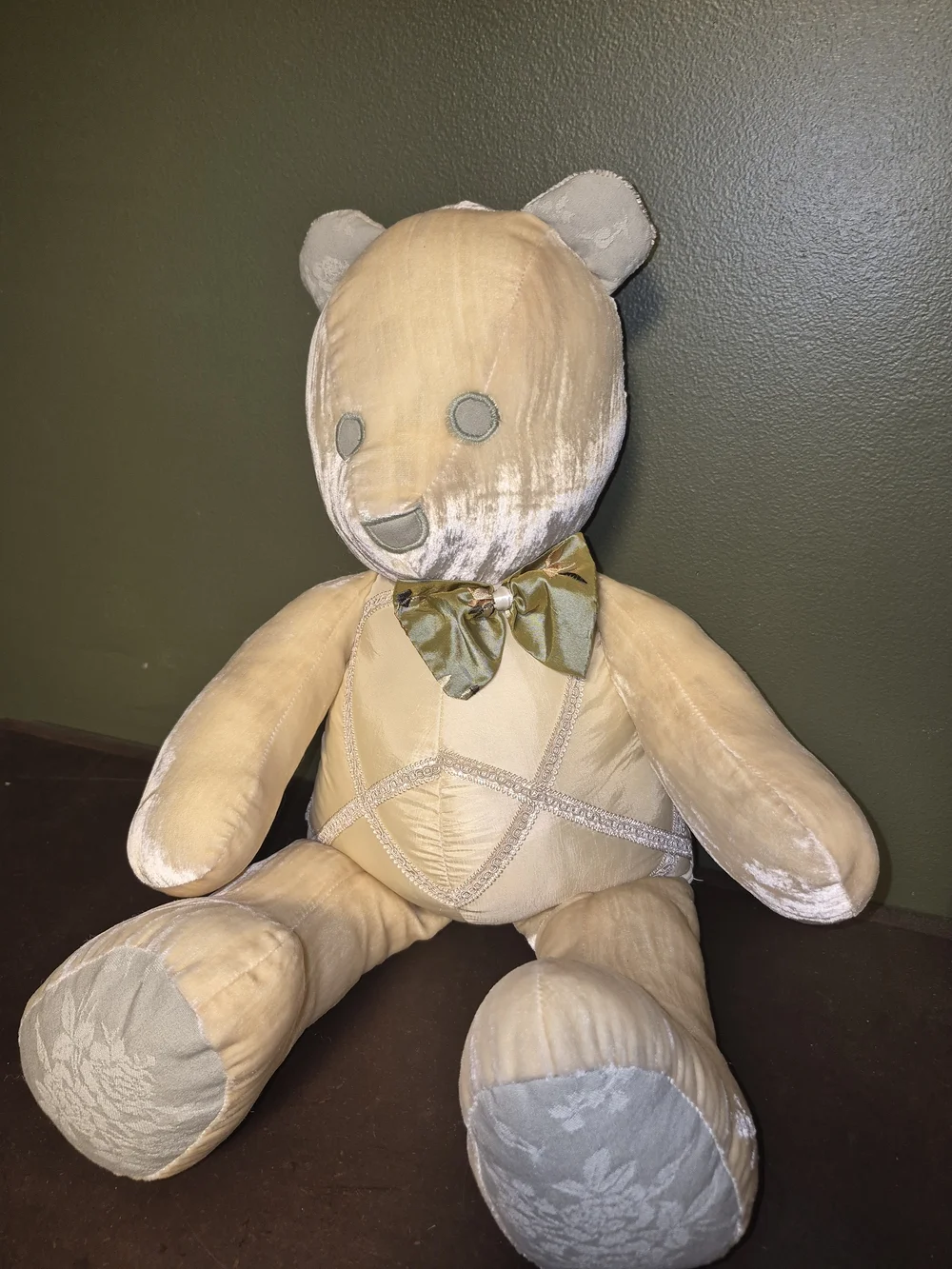 Vintage Green Frog Art Co. 22-Inch Golden Crushed Velvet & Satin Teddy Bear